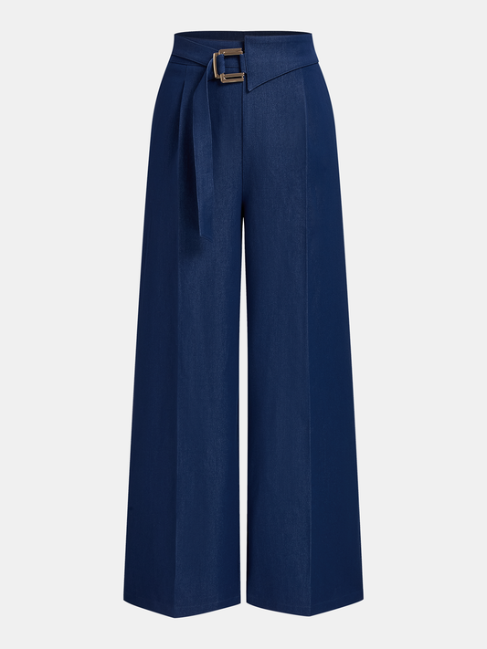 Asymmetrical Buckle-Belt Straight-Leg Pants