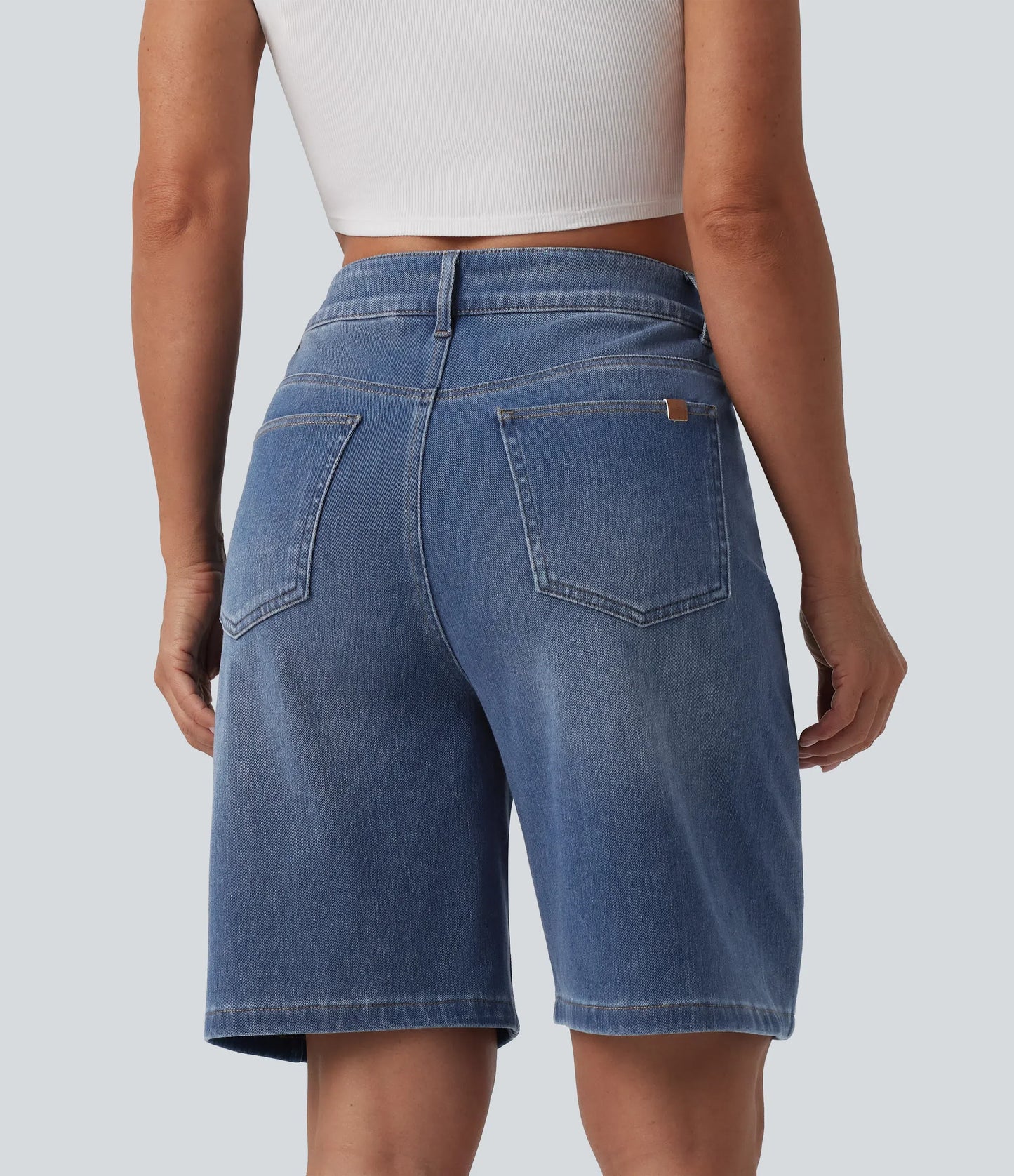 Lounge Flex™ Asymmetric High Waisted Washed Denim Casual Shorts 9'' with Pockets - Lounge