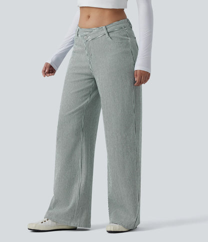 Lounge Flex™ Asymmetric Mid Rise Stripes Casual Baggy Jeans with Pockets - Lounge