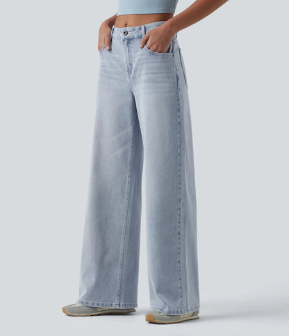 Lounge Flex™ Mid Rise Washed Baggy Wide Leg Casual Jeans with Pockets - Lounge